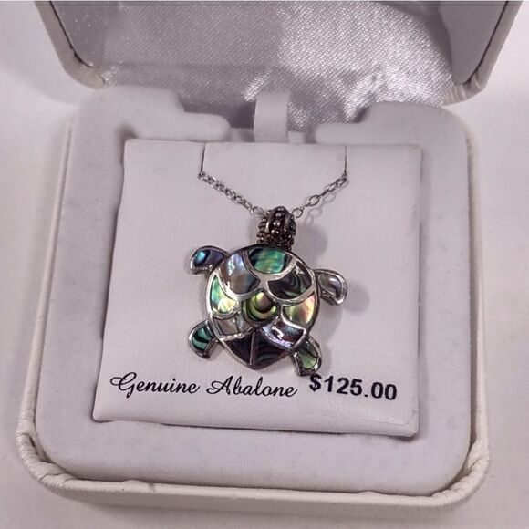 New Genuine Abalone Sterling Silver Turtle Pendant Necklace - Picture 1 of 4